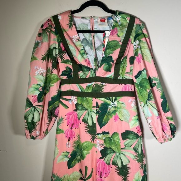 Farm Rio Anthropologie Deep-V Wide Leg Jumpsuit Tropical Floral Pink NWT Sz XS - Picture 6 of 16